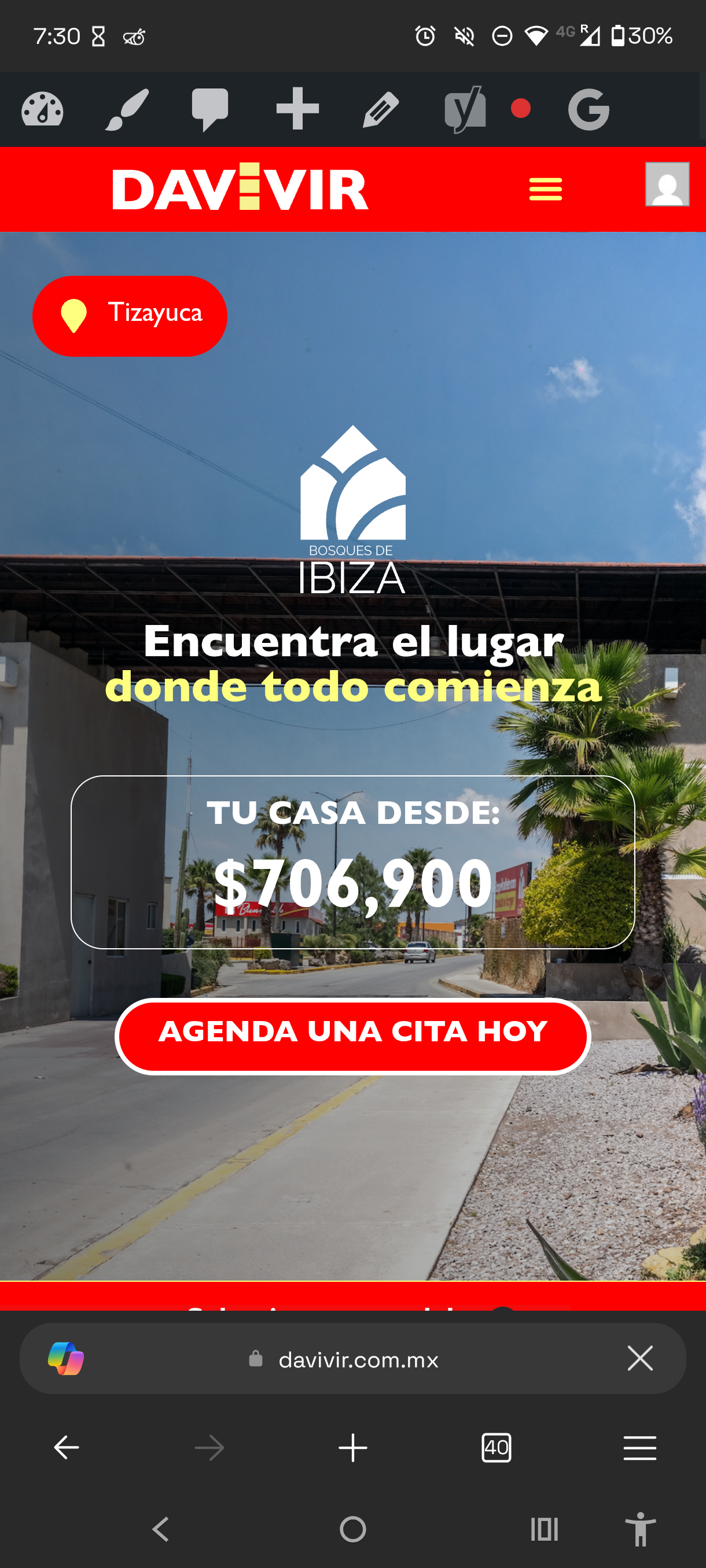 Hero del sitio inmobiliario DAVIVIR con precio de modelo de casa