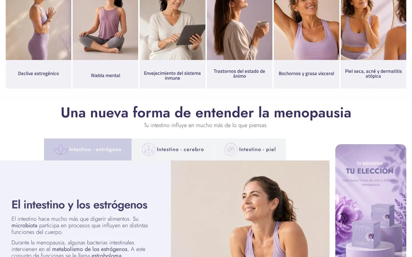Sección educativa sobre los cambios de la menopausia en la landing de campaña