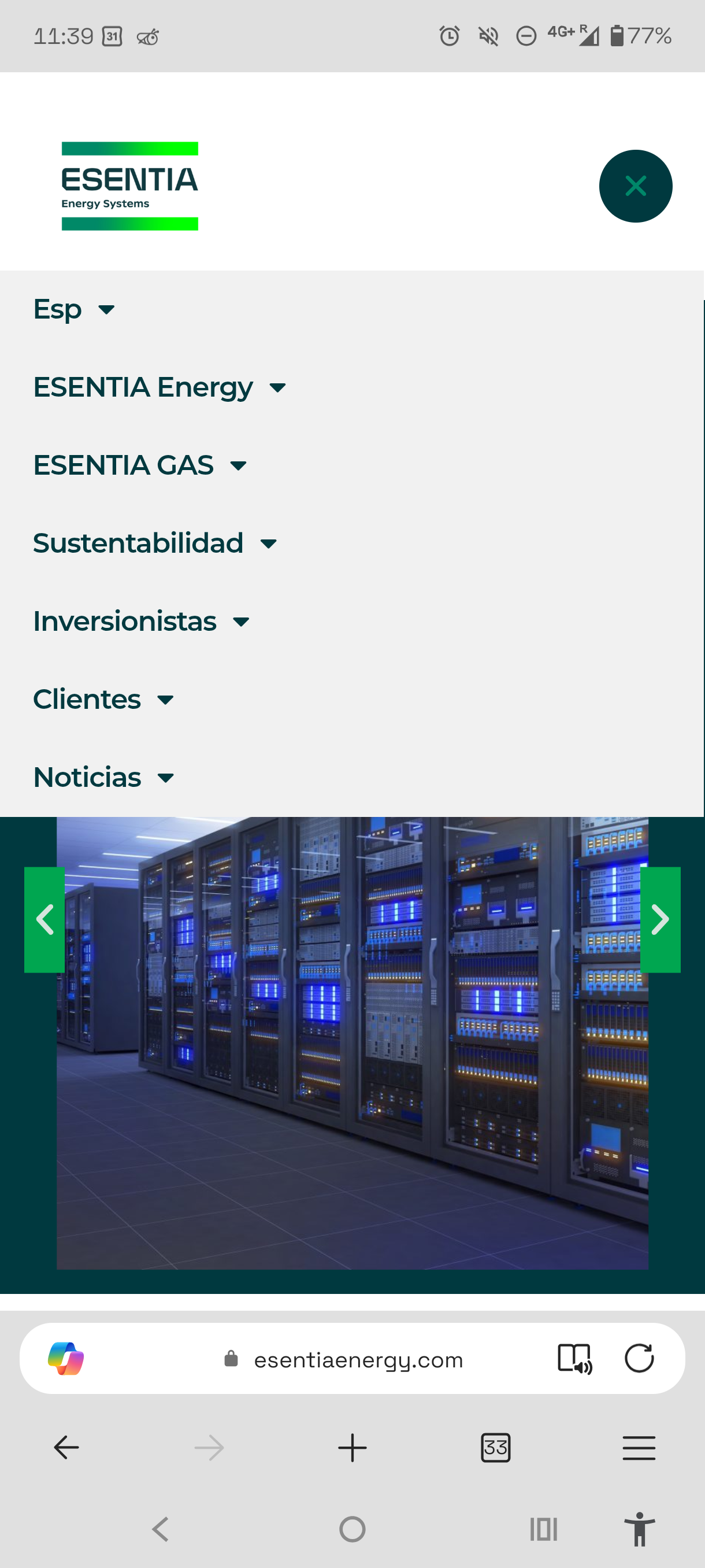 Menú de navegación completo con selector de idioma Esp/Eng y secciones de relación con inversionistas