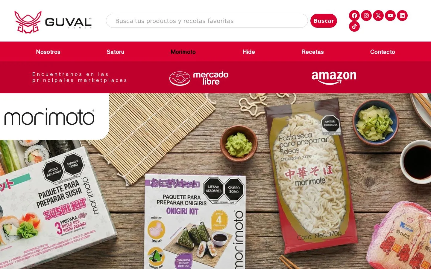 Página de la marca Morimoto con enlaces a Mercado Libre y Amazon