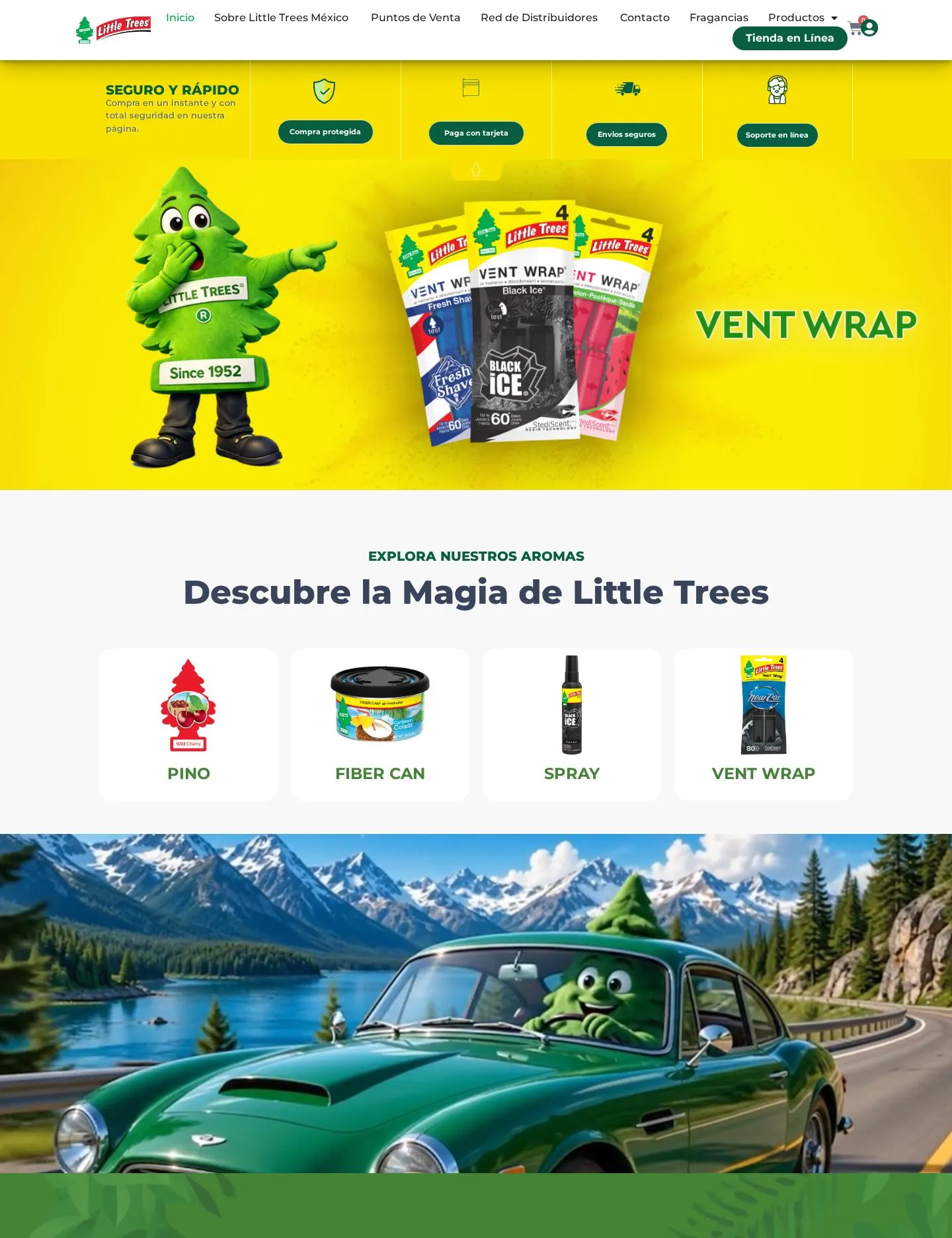 Página de inicio de la tienda Little Trees México con la mascota y los formatos de producto