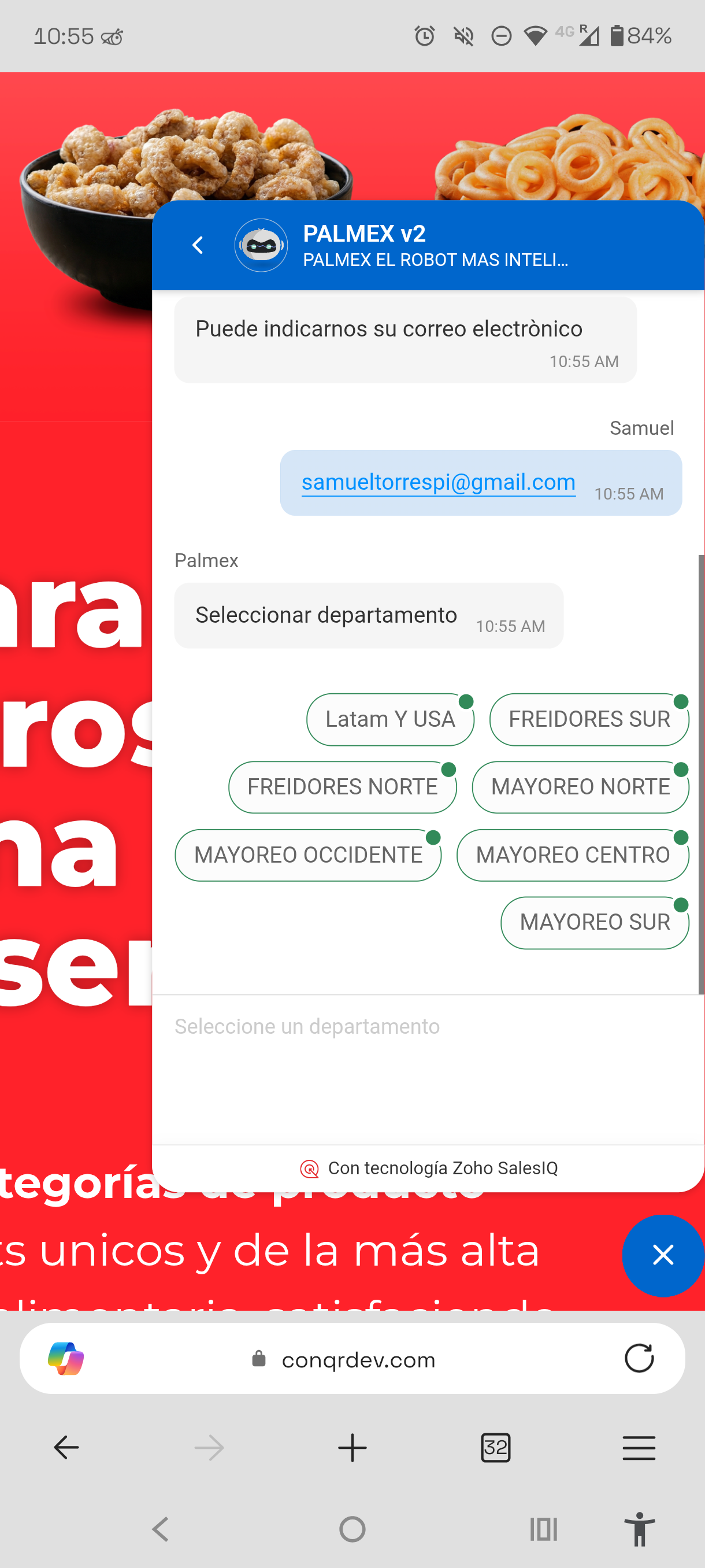 Menú de enrutamiento del chatbot con 7 departamentos comerciales